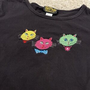 Vtg Bob Mackie Wearable Art Fancy Cat Embroidered Black T Shirt Size M Cotton